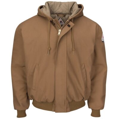 Insulated Brown Duck Hooded Jacket with Knit Trim Thumbnail